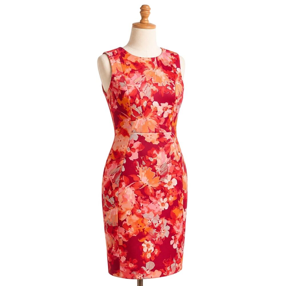 Calvin Klein Floral Sheath Dress Sz 6 Water Color Bold Career Cocktail Midi